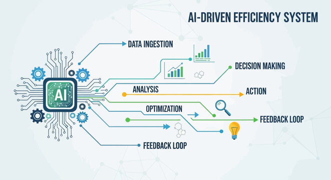 Illustration of an AI-driven efficiency system showing data ingestion and feedback loops.