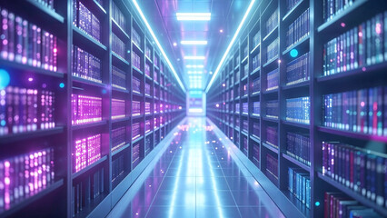 Obraz premium Futuristic digital library with glowing data on shelves