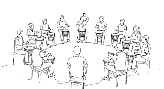 Diverse group playing drums in circle, team building, rhythm workshop, community music