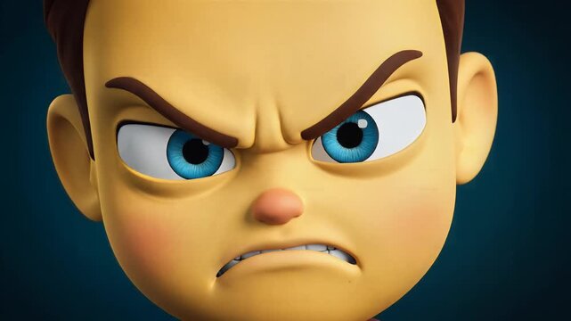 Close-Up of an Angry 3D Cartoon Boy's Face with Furrowed Brow