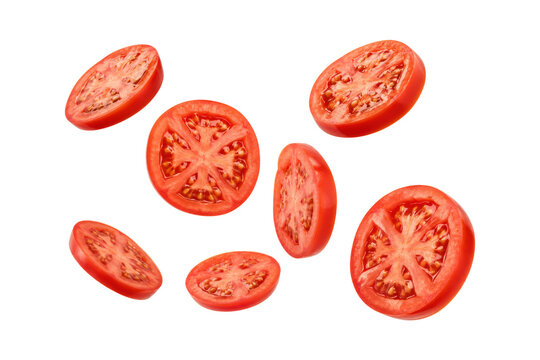 Fresh sliced red tomatoes isolated on white background, vibrant juicy texture, healthy food ingredient for cooking and salad design