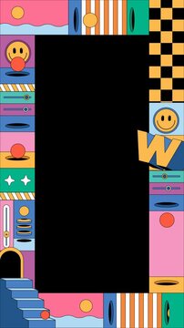 Vertical colorful abstract cartoon frame with playful icons for social media animation background