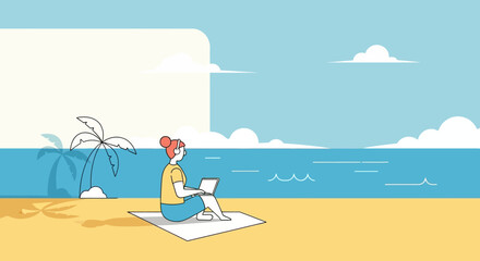 Fototapeta premium Woman sitting on the beach working on a laptop with ocean view and palm trees.