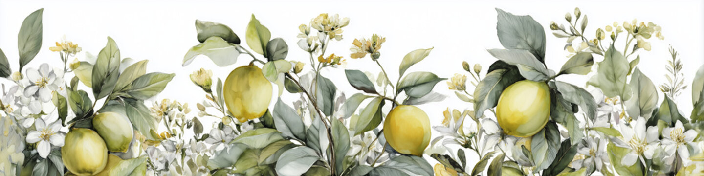 Watercolor lemon citrus branch border with white blossoms floral