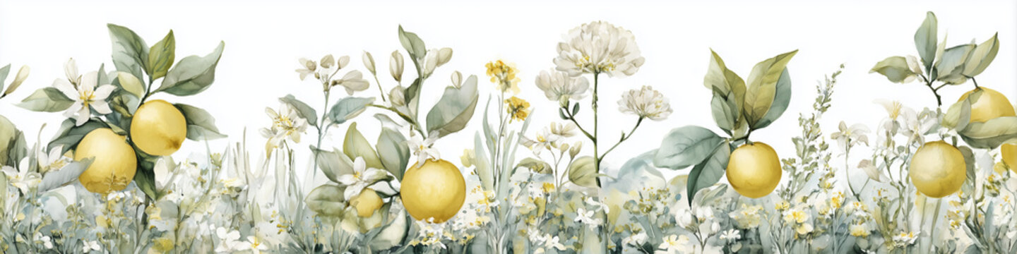 Watercolor citrus grove border with white flowers and golden fruit