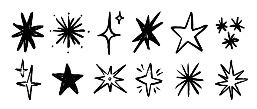 Black crayon hand drawn stars collection. Grunge rough brush stroke shine element pack for collage, poster, sticker, label. Childish doodle sparks and sparkles set. Vector wax pencil sketch asterisks