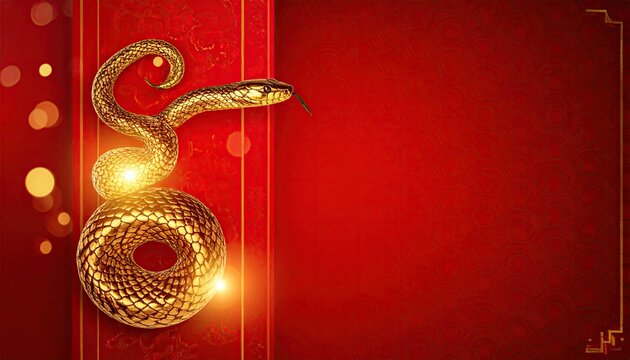 Golden snake against red background symbol of wealth and prosperity
