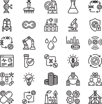 30 Synthetic Biology Workflow Line Icons &ndash; DNA Editing, Lab Automation, Cell Engineering Minimalist Vector Outline Set for UI UX