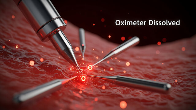 Medical oximeter dissolved in blood with metal tubes and red light particles  medical technology concept
