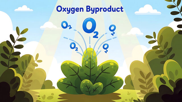 Oxygen byproduct of photosynthesis process in green plants and trees releasing oxygen molecules into the air for human breathing and healthy environment  oxygen byproduct