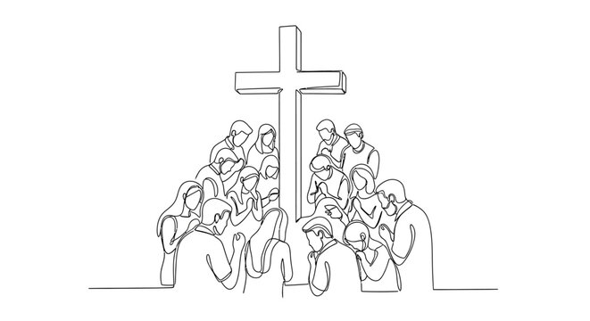 People gathered around a large cross.
