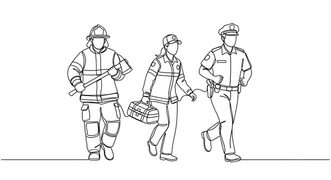 Three firefighters walking in line together.