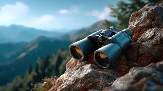 A pair of binoculars rests on a rock overlooking a misty, mountainous forest landscape under a blue sky.