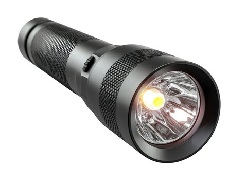 bright flashlight emitting yellow light isolated on transparent background