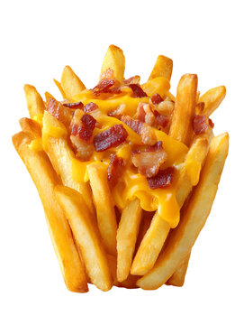 Loaded fries with melted cheddar cheese and crispy bacon pieces, isolated on white background