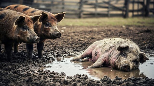 Pigs in muddy farmyard with puddle.