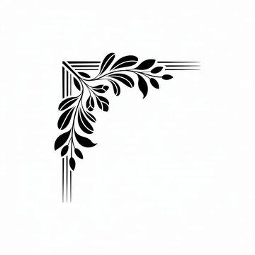 Black and white corner design element with leaves and lines on white background