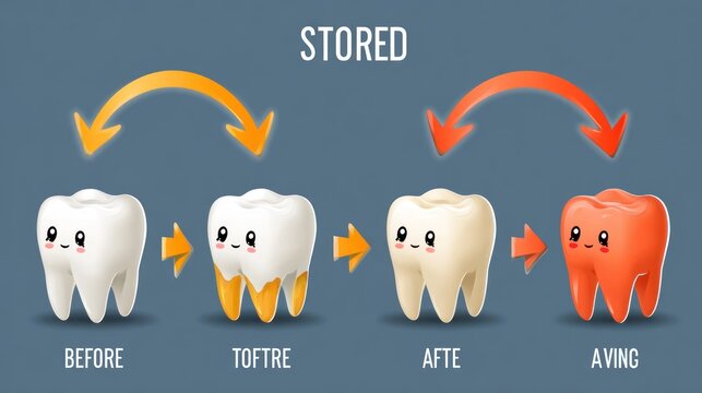 Cartoon tooth characters illustrate the process of dental staining and discoloration over time