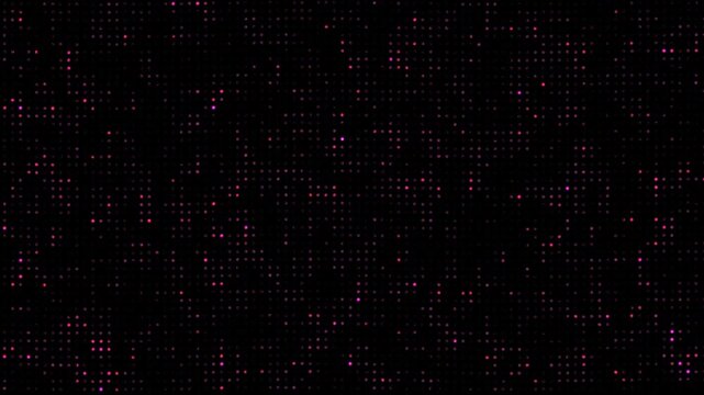 High technology animated technological background with randomly glowing dots and fading out, data information matrix animation. pink flickering motion graphic on dark background