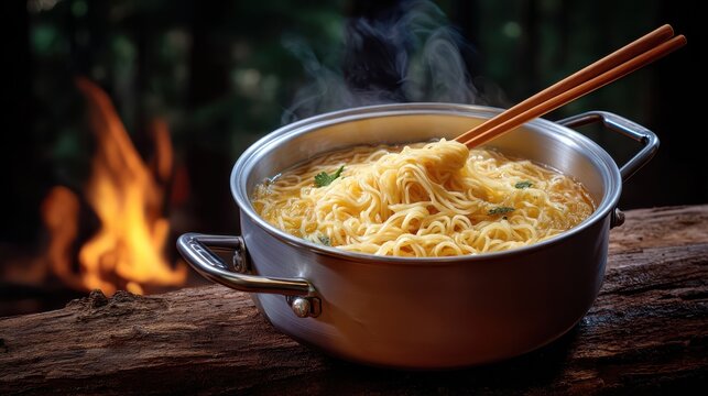 Steaming hot noodles in a metal pot with chopsticks, set outdoors near a campfire on a wooden surface at night.