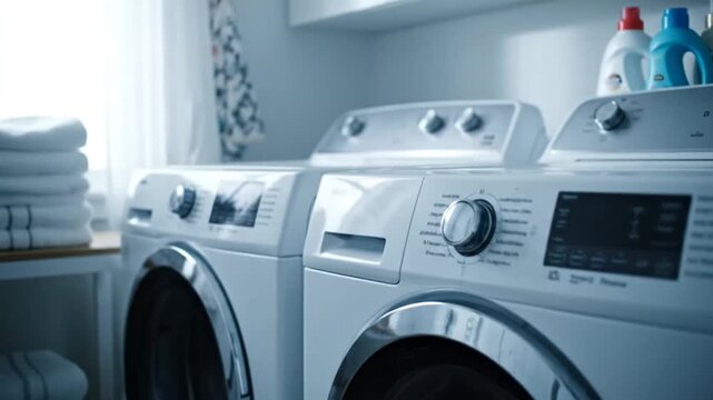 Laundry Room with Washing Machines and Towels.