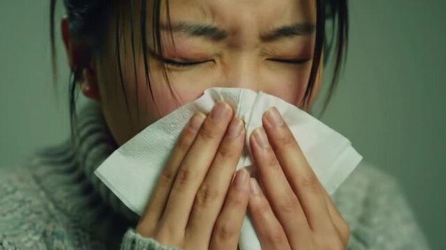 Sick Asian Woman Blowing Nose With Tissue Paper Suffering From Cold Flu Allergy Indoors Closeup