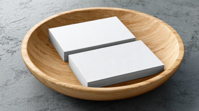 Stacks of blank white rectangular cards rest inside a shallow wooden serving dish