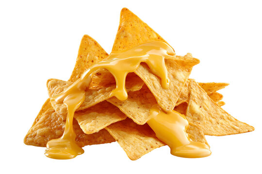 Crispy tortilla chips piled and drizzled with melted cheese sauce, rich and savory, isolated on white background