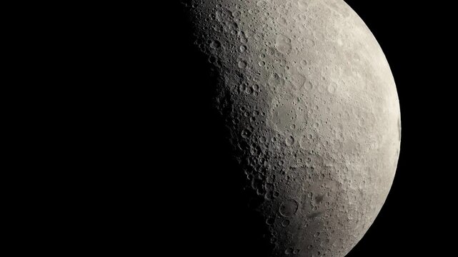 Moon is Spinning in Outer Space Against Black Background with Stars. Dolly shot of an astronaut in spacesuit with moon in the background.
