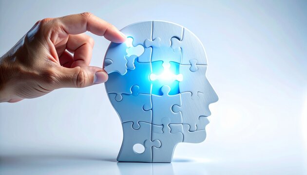 cognitive solution featuring the final puzzle piece fitted into the profile of a human head glowing blue, symbolizing clarity,e
