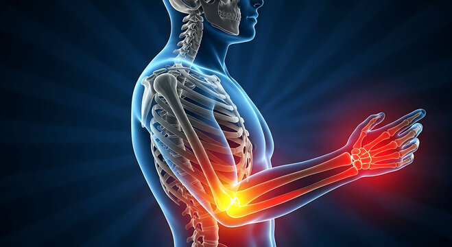 Human arm elbow and wrist pain concept skeleton anatomy medical illustration