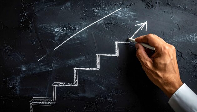 drawing of chalk stairs and arrow pointing upwards on textured black cement wall background.hand drawing graph
