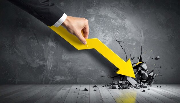 A businessman or man's hand wearing a formal suit holds a large yellow arrow pointing down and smashing a wooden floor in front of a cracked gray cement wall. This image ish