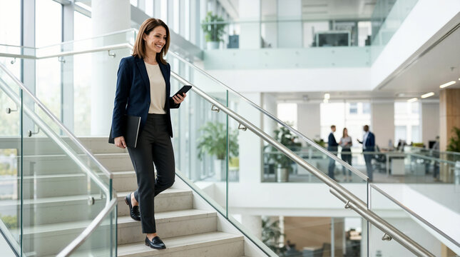 Smiling businesswoman walking down stairs in a modern corporate office while looking at her smartphone. Professional female executive on the go carrying documents. Dynamic business lifestyle