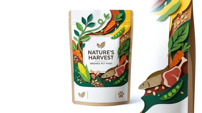 Organic pet food packaging features vibrant design with illustrations of vegetables, grains, and meat, emphasizing natural ingredients and healthy nutrition for pets