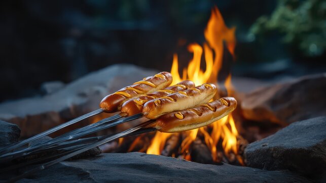 Four hot dogs on skewers roasting over an open campfire surrounded by rocks at dusk.