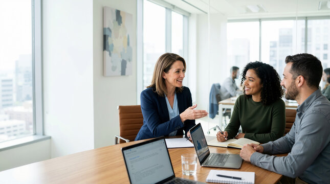 Female corporate manager coaching diverse team members in a modern office. Business colleagues discussing project strategy at a conference table. Leadership and mentoring concept