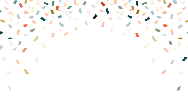 Colorful confetti falling on white background with copy space for celebration