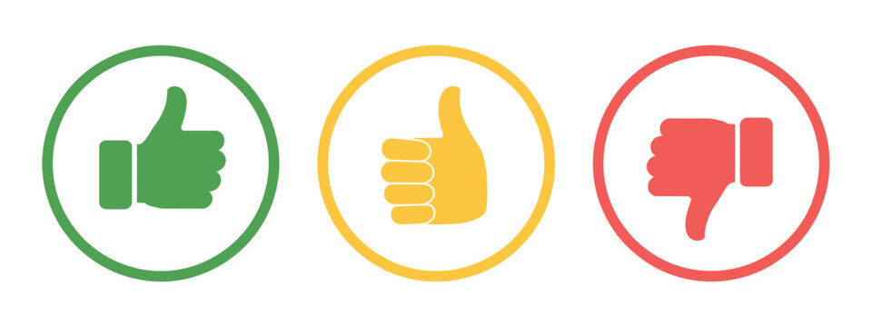 Thumb icons featuring like dislike and neutral symbols, clean vector illustration in colored outline circles for rating systems, reviews, and user feedback interface