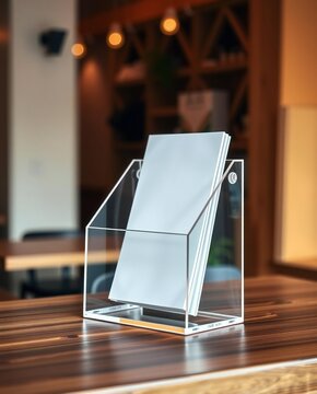 Clear acrylic brochure holder on wooden table