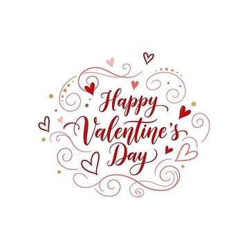 Happy Valentine's Day decorative script lettering with hearts and swirls