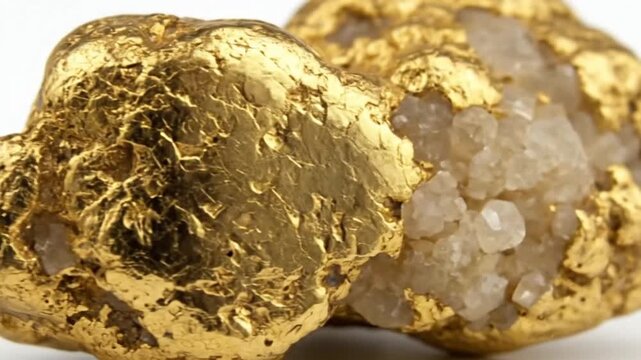 Raw Natural Gold Nugget With Quartz Crystal Formation Closeup Showing Brilliant Metallic Texture and Shine