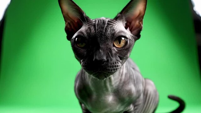 Black cat plays on green background in studio setting at daytime showing playful movements and curious looks