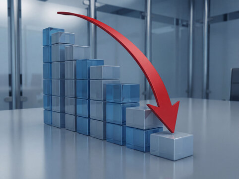 Three dimensional bar graph descending like stairs with arrow showing corporate financial loss concept