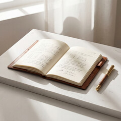 Fototapeta premium Open Planner on White Surface Delicate Pen Soft Light High End Editorial Aesthetic Photography