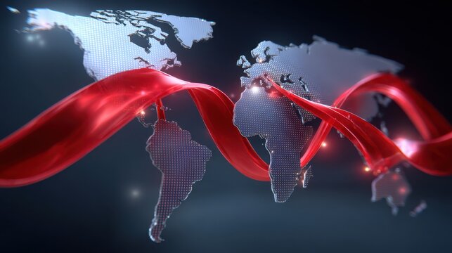 A digital world map with illuminated continents and flowing red ribbons symbolizing global connectivity and data exchange.
