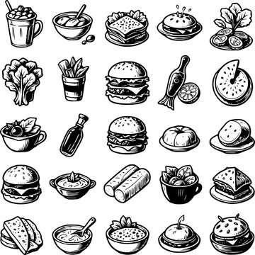 Culinary Delights: An array of artistic illustrations captures the essence of diverse culinary elements, presenting a visual symphony of gastronomic treasures.