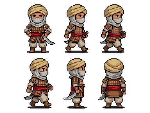 pixel art character spritesheet of a desert warrior wearing a turban and face mask, equipped with scale armor and a scimitar.