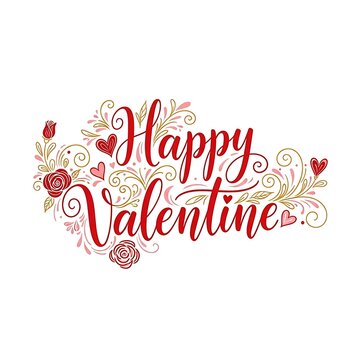 Happy Valentine's Day script with decorative hearts and roses on white background