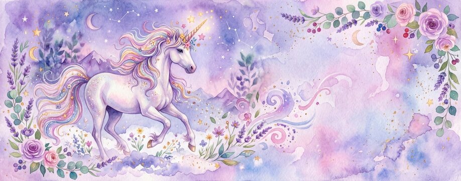 Watercolor magical unicorn banner in fantasy landscape. Mythical animal illustration with purple mountains, flowers and stars